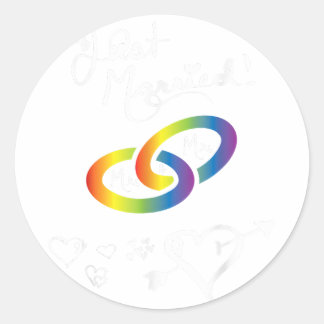 Just Married Mr & Mr. Gay Marriage Rainbow Rings G Runder Aufkleber