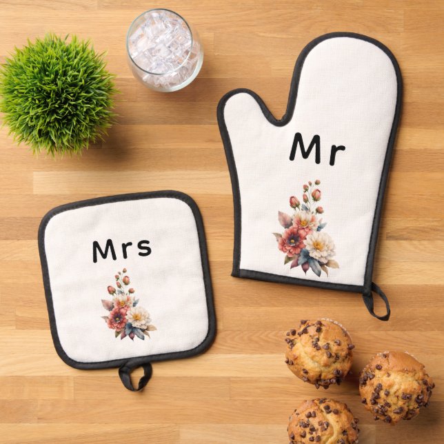 Just Married Mr. & Mrs. | Hochzeitsflormonogramm Ofenhandschuh & Topflappen-Set (Oben Unten)