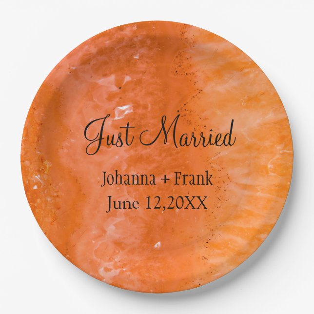 Just Married Orange Agate Pappteller (Vorderseite)