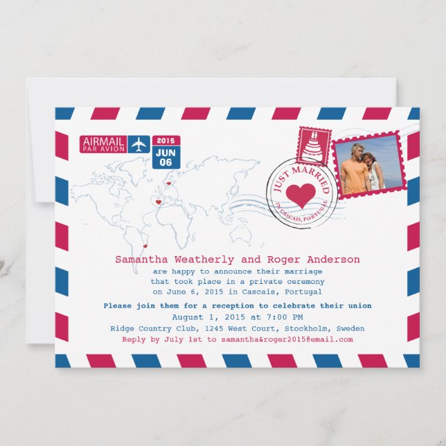 Just Married | Portugal Airmail Post Empfang Einladung (Vorderseite)