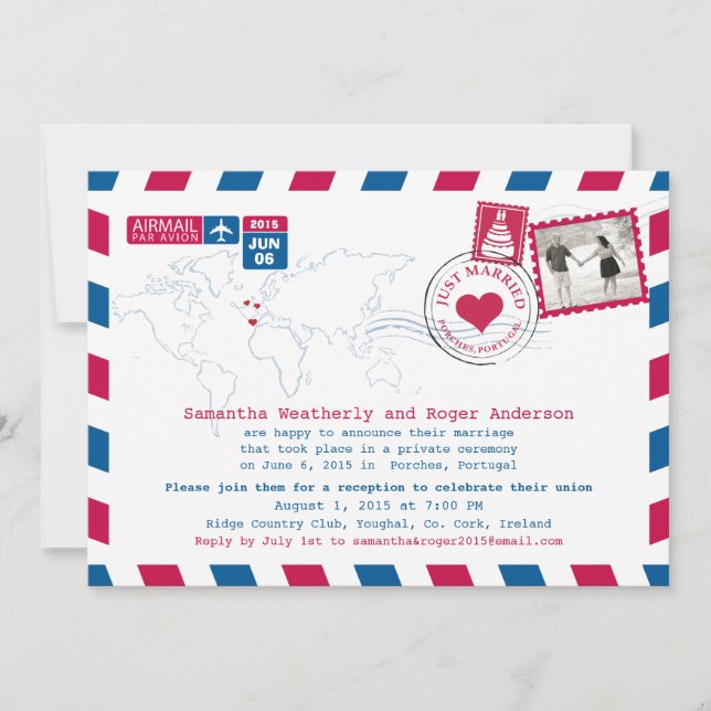 Just Married | Portugal Airmail Post Empfang Einladung (Vorderseite)