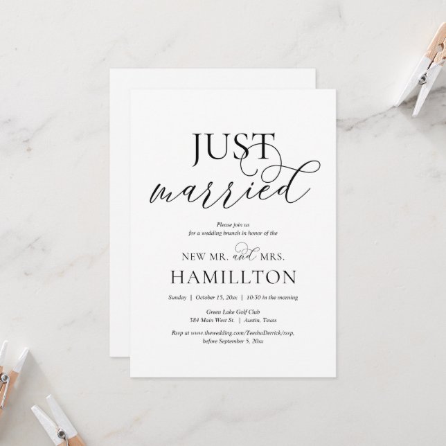 Just Married, Post Hochzeit Brunch-Lopement Invita Einladung (Vorderseite/Rückseite Beispiel)
