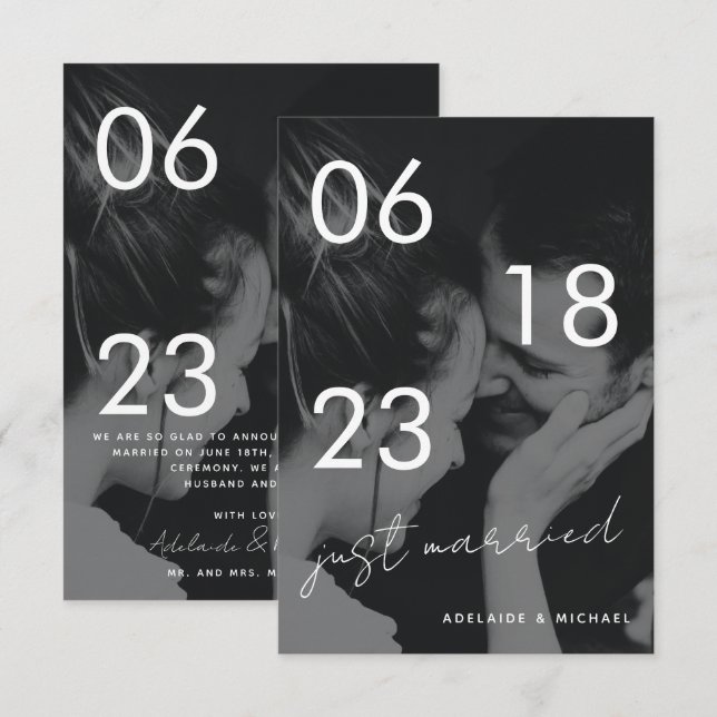 Just Married Romantic Elegante Wedding Foto Card Ankündigung (Vorne/Hinten)