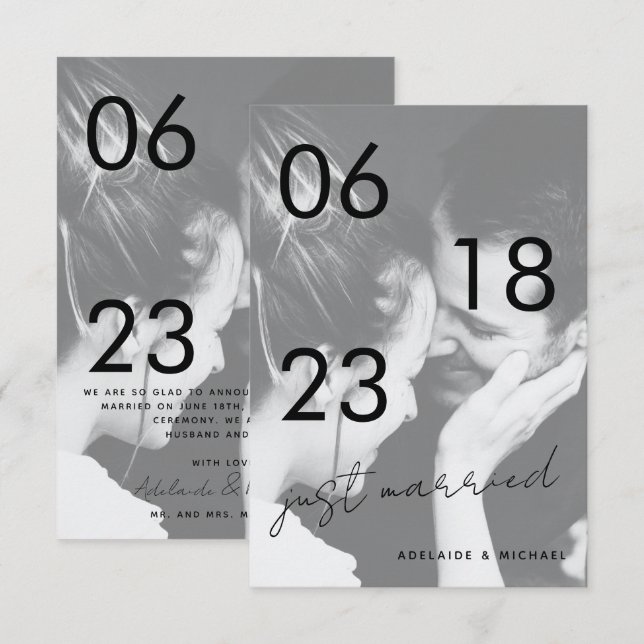 Just Married Romantic Elegante Wedding Foto Card Ankündigung (Vorne/Hinten)