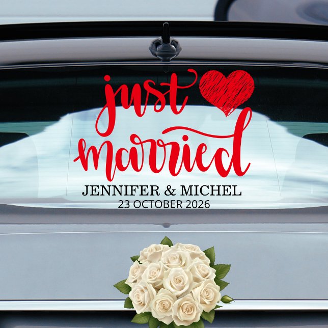 Just Married romantic red script wedding car Fensteraufkleber (Von Creator hochgeladen)