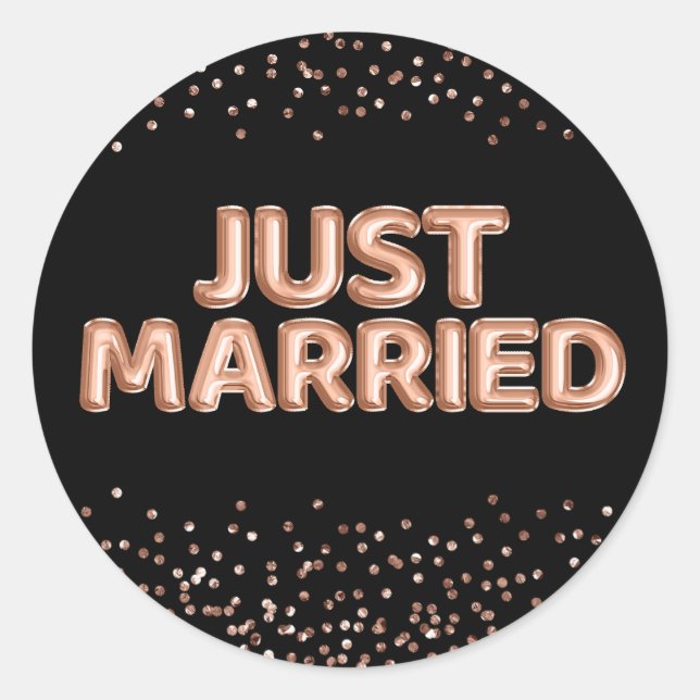 Just Married Rose Gold Hochzeitsballons auf Black Runder Aufkleber (Vorderseite)