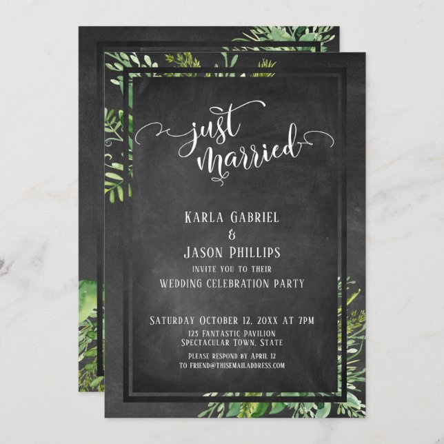 Just Married Script Greenery Bouquet & Chalkboard Einladung (Vorne/Hinten)
