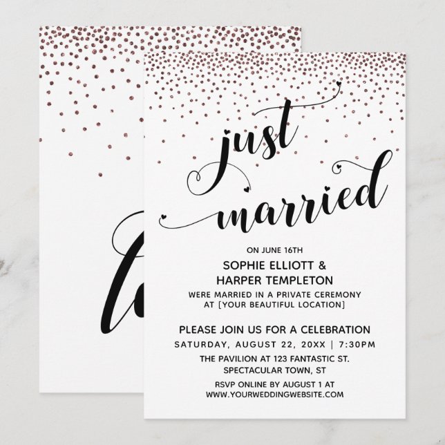 Just Married Script Rose Gold Confetti Empfang Einladung (Vorne/Hinten)