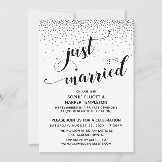 Just Married Script Silver Confetti Empfang-Only Einladung (Vorderseite)