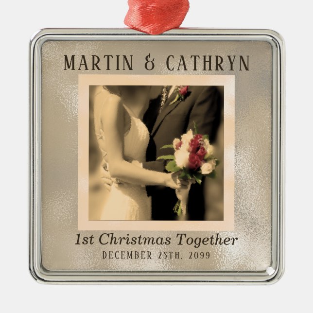 Just Married Sepia Hochzeit 1. Weihnachten Silbernes Ornament (Vorne)