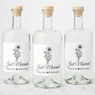 Just Married Sunflower Hochzeit Rustikale Wildblum Alkoholflaschenetikett
