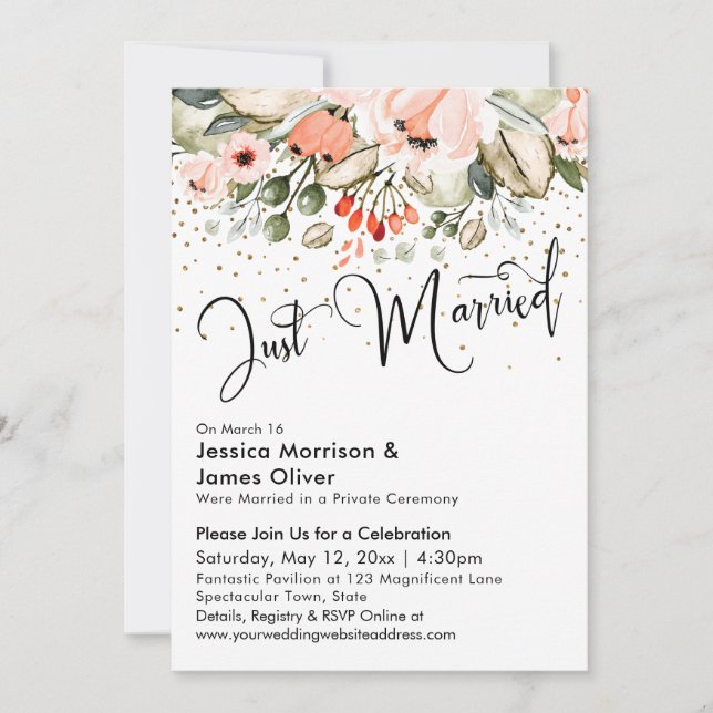 Just Married Typography Blush Floral Gold Confetti Einladung (Vorderseite)