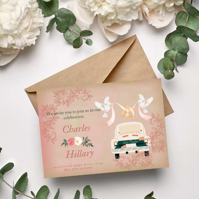 Just Married Wedcar und Flying Doves Invitati Einladung (Von Creator hochgeladen)