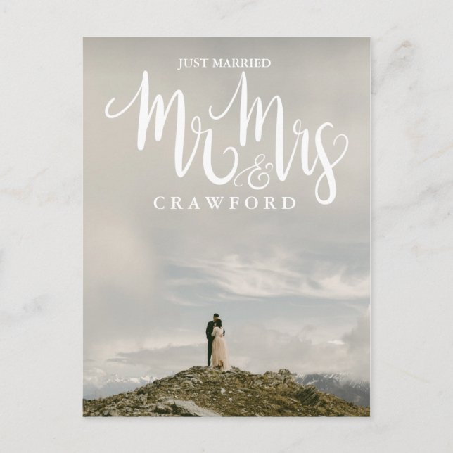 Just Married Wedding Elopement White Calligraphy Postkarte (Vorderseite)