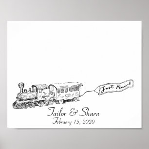 Just Married Wedding Train Fingerprint Guestbook Poster