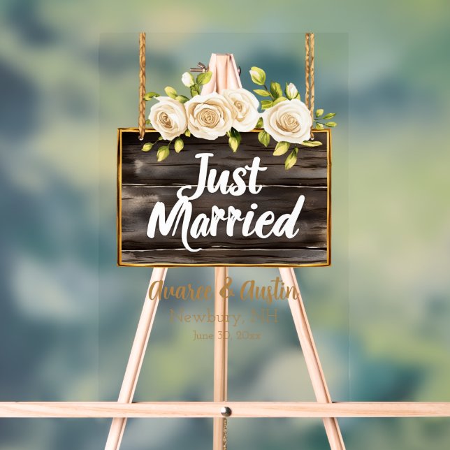 Just Married Wood Sign White Roses Acrylschild (Neutral)