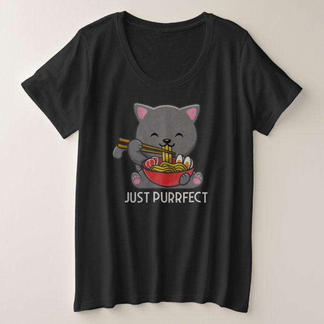 Just Purfect - Cat Eating Ramen Große Größe T-Shirt (Design vorne)