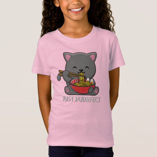 Just Purfect - Cat Eating Ramen T-Shirt (Vorderseite)