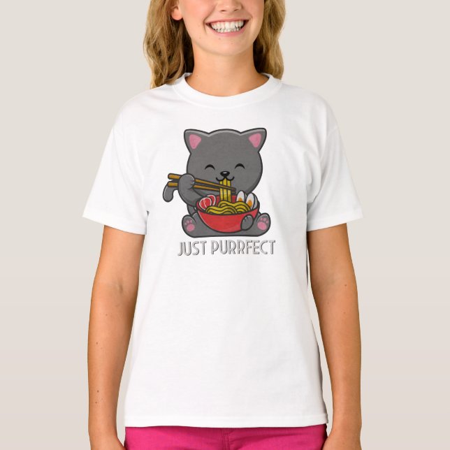 Just Purfect - Cat Eating Ramen T - Shirt (Vorderseite)