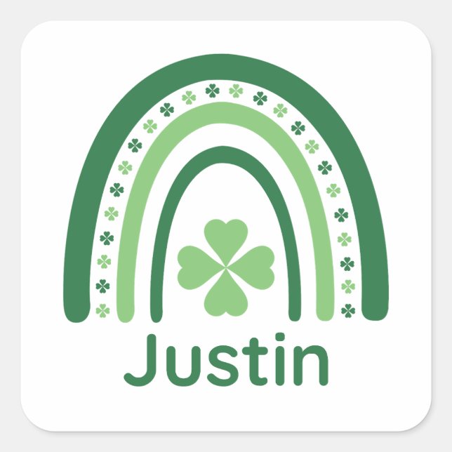 Justin Name Clover Boho Rainbow Quadratischer Aufkleber (Vorderseite)