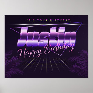 Justin Name Prénom lila retro Poster Anniversaire