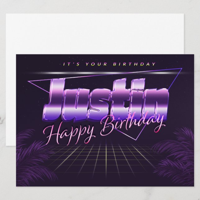 Justin Name Vorname lila retro Karte Geburtstag (Vorne/Hinten)