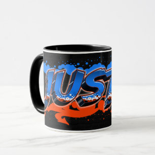 Justin Vorname Name Graffiti blue orange Tasse