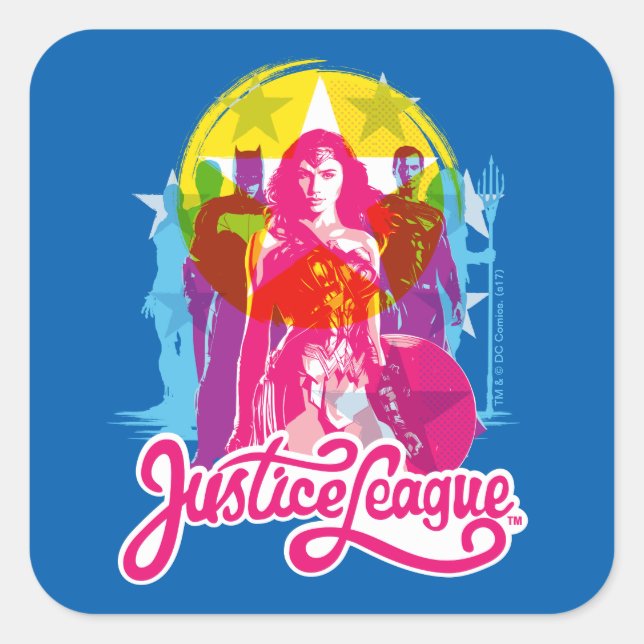 Justizielle Liga | Retro Group & Logo Pop Art Quadratischer Aufkleber (Vorderseite)