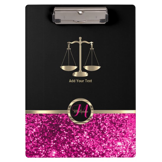 Justizskala - Monogramm rosa Glitzer Klemmbrett (Vorderseite)