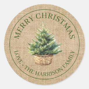 Jute-Frohe-Weihnachten-Rustikaler-Wasserfarben-Bau Runder Aufkleber