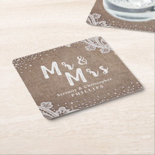 Jute-Lace Silber Glitter Mr & Mrs rustikale Hochze Rechteckiger Pappuntersetzer