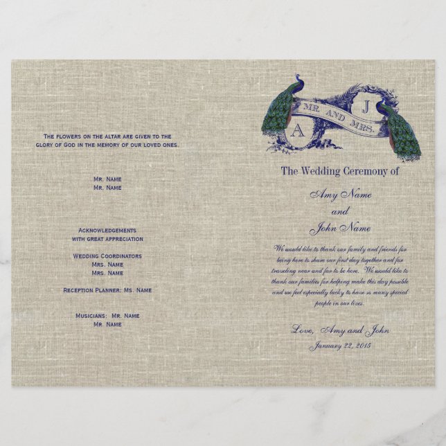 Jute Leinen Pfauen Rustikales Hochzeitsprogramm (Vorderseite)