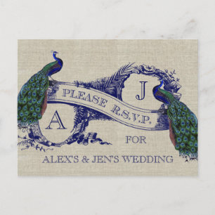 Jute Leinen Vintage Pfauen Rustikale Hochzeit RSVP Einladungspostkarte