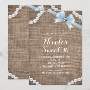 Jute & Perlen Blau Schleife Glamouröse Sweet 16 Pa Einladung