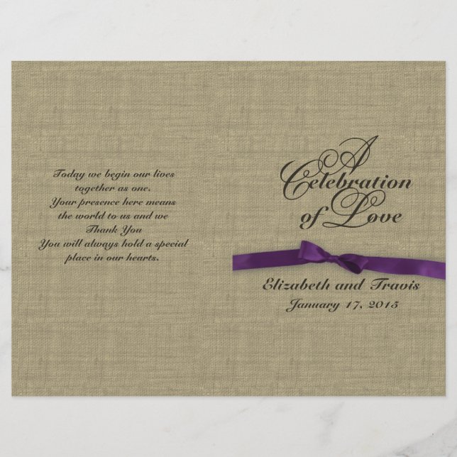 Jute und lila Schleife Hochzeitsprogramm (Vorderseite)