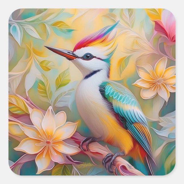 Juvenile Rainbow Woodpecker Fantasy Bird Quadratischer Aufkleber (Vorderseite)