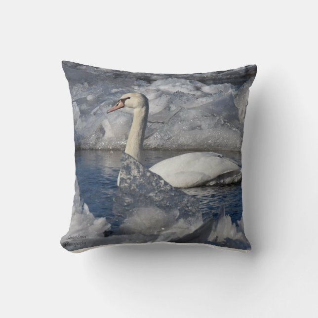 Juvenile Swan im Fluss Icey Kissen (Vorderseite)