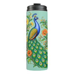 Juwel-farbene Art Nouveau-Pfau und Blumen Thermosbecher