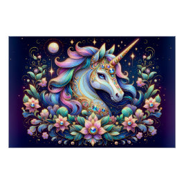Juwel-farbenes Einhorn-Blumen-Fantasiemotiv Poster