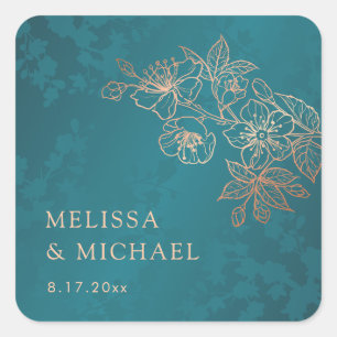 Juwel-Ton-Pfauen-Blumen-Hochzeit Quadratischer Aufkleber