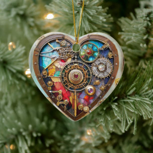 Juwelen und Buntglas-Herz Steampunk-Serie Keramik Ornament