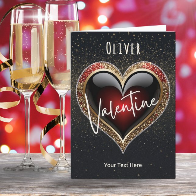 Juweleneffekt Glitzer Valentinstag Feiertagskarte (A modern and elegant Valentine's Day card, with ruby-red love heart and customizable text)