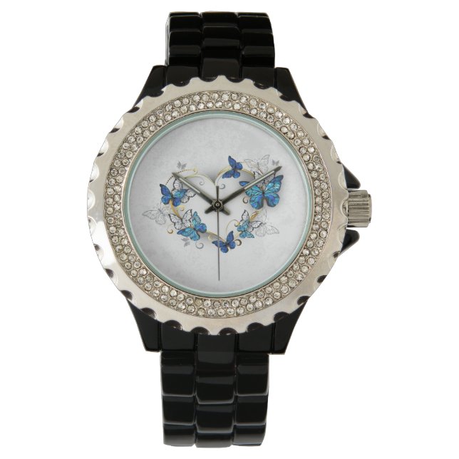 Juwelenherz mit Schmetterlingen Morpho Armbanduhr (Vorderseite)