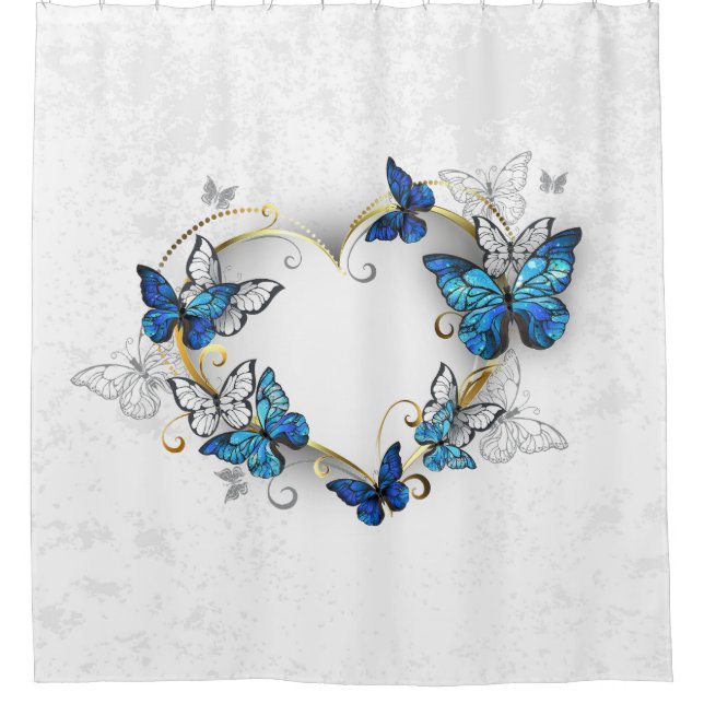 Juwelenherz mit Schmetterlingen Morpho Duschvorhang (Vorderseite)