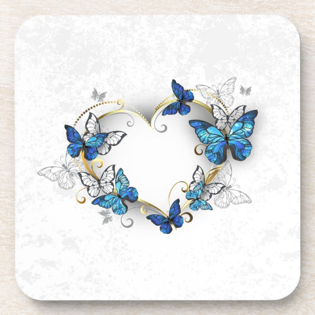 Juwelenherz mit Schmetterlingen Morpho Getränkeuntersetzer (Vorderseite)