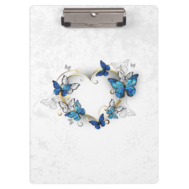 Juwelenherz mit Schmetterlingen Morpho Klemmbrett (Vorderseite)