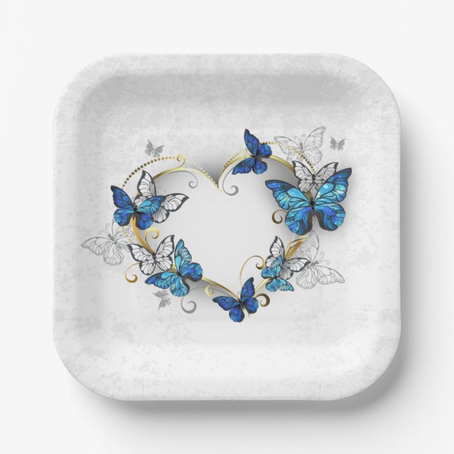 Juwelenherz mit Schmetterlingen Morpho Pappteller (Vorderseite)