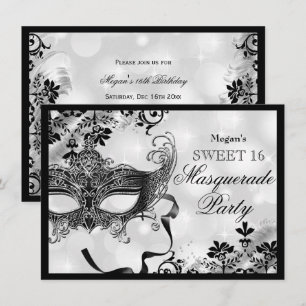 Juwelenmaske & Damast Silber-Masquerade Sweet 16 Einladung