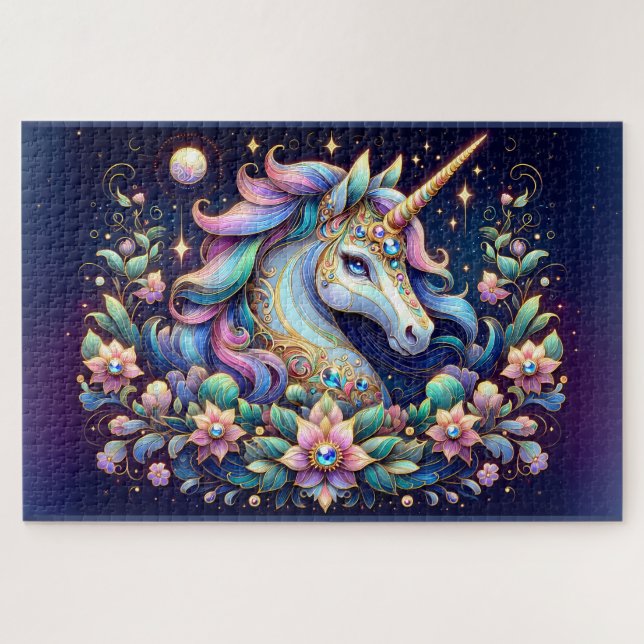 Juwelgetönte Einhorn-Blumenfantasie (Horizontal)