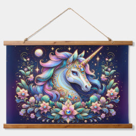 Juwelgetönte Einhorn-Blumenfantasie Wandteppich Mit Holzrahmen